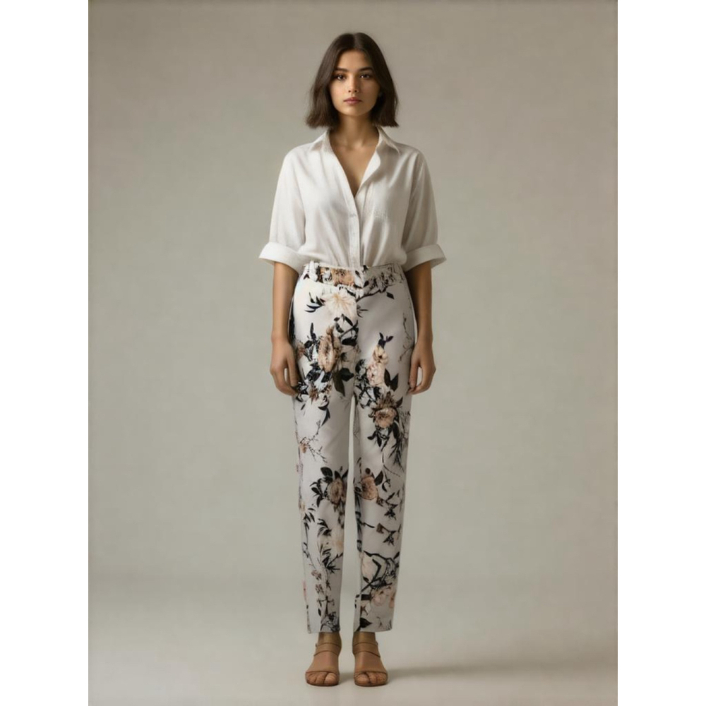 Laura Womens Pull On Pant Size 4 Gray Floral Stretch Slim Leg Elastic Waist NWT